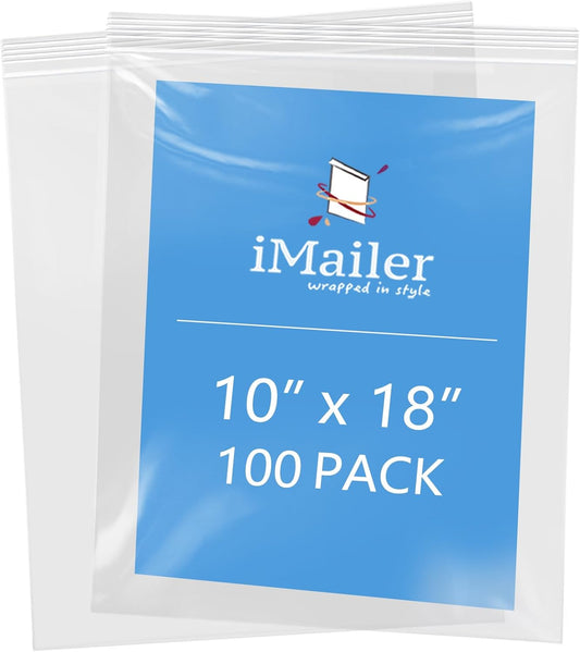 iMailer- 10" x 18" 100 Pack- 2 Mil Resealable Zip Bags- Clear Plastic Bags with Zip Top Lock for Storage, Organizing, Crafts, Travel