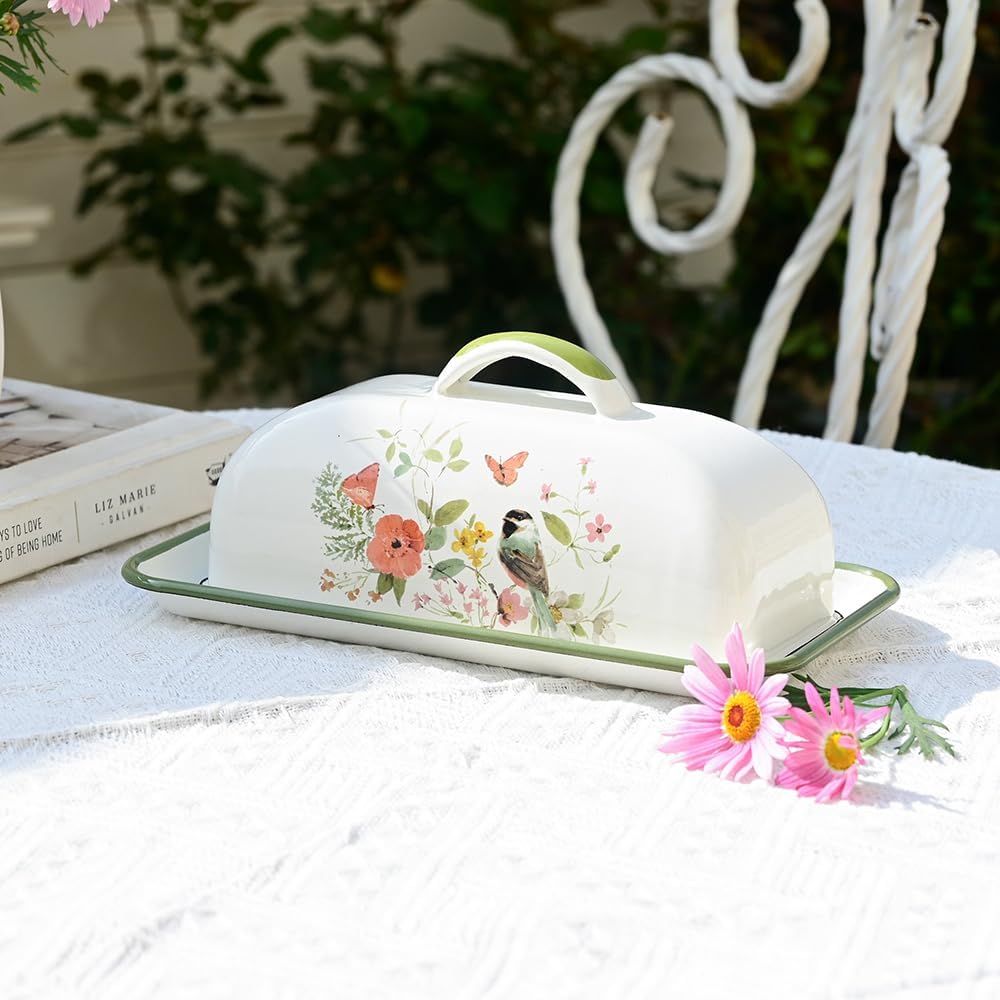 Enameled Farmhouse Vintage Butter Dish with Lid, 7.5 Inch Durable Kitchen Food Storage Container Rust-Resistant Refrigerator Safe,Vintage Decorative Design Kitchenware for Countertop