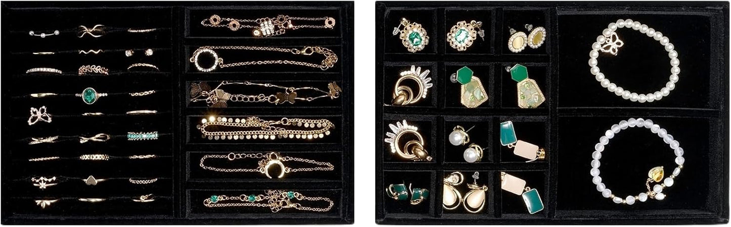 ProCase Stackable Jewelry Organizer Trays for Drawers, Jewelry Drawer Inserts Container Display Case Storage for Earring Necklace Rings Bracelet with Removable Dividers -Allblack, 2 Layers