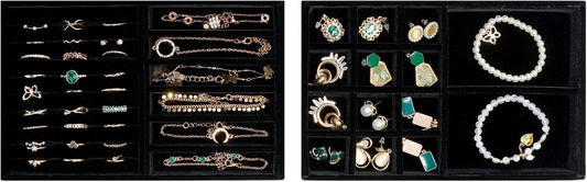 ProCase Stackable Jewelry Organizer Trays for Drawers, Jewelry Drawer Inserts Container Display Case Storage for Earring Necklace Rings Bracelet with Removable Dividers -Allblack, 2 Layers