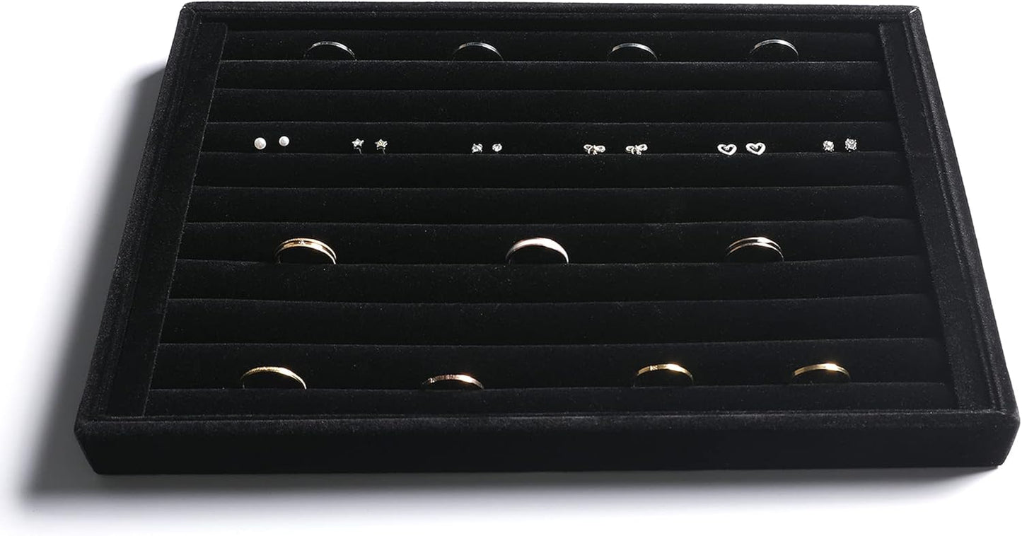 Frebeauty Stackable Velvet Jewelry Organizer Trays for Drawers Inserts Jewelry Storage Tray Display Case Stud Earrings Bracelets Necklace Rings Accessories Trays for Women Girl(Set of 4)(Black).