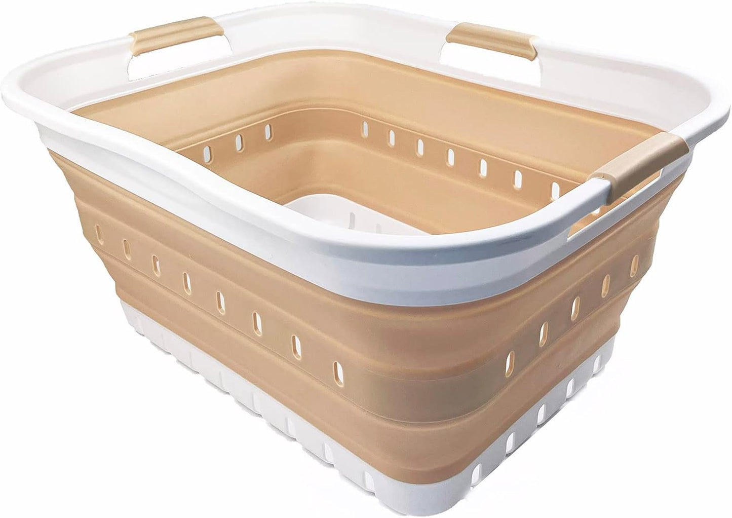 SAMMART 42L (11 gallon) Collapsible Plastic Laundry Basket - Foldable Pop Up Storage Container/Organizer - Portable Washing Tub - Space Saving Hamper/Basket (White/Latte)