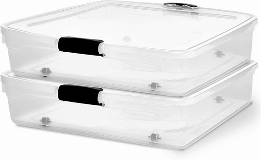 HOMZ 2-Pack Under Bed Storage, Clear Plastic Containers with Lids, 56 Quart, Gray Latch - Stackable Underbed Organizer Bins for Shoes, Bags, Clothes, and Towels