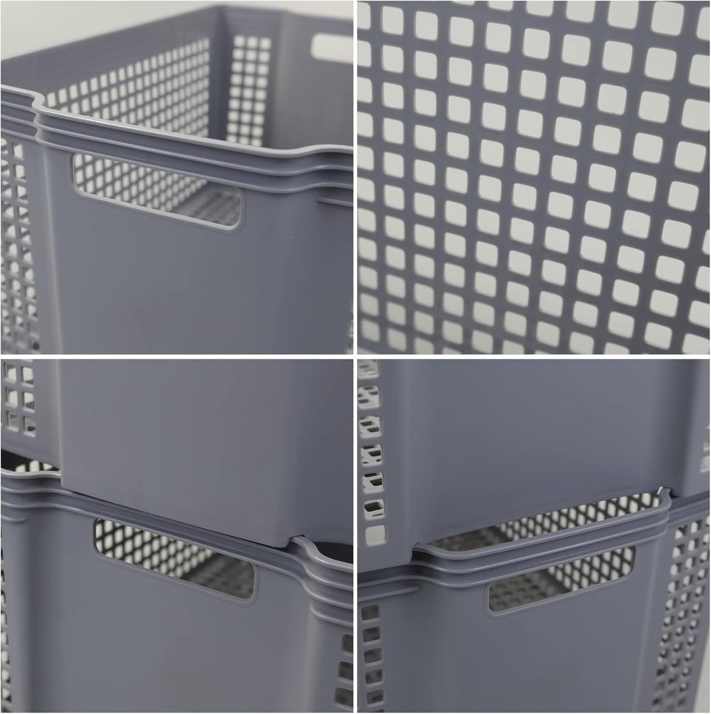 Large Plastic Stacking Storage Baskets, Grey Stackable Storage Bin, 6-Pack
