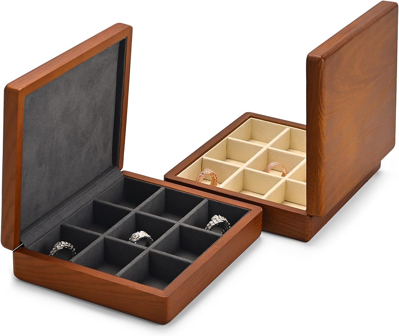 Oirlv Solid Wood Ring Jewelry Box Organizer Earrings Jewelry Drawer Organizer Tray with Lid (Grey 9 Grid Box)