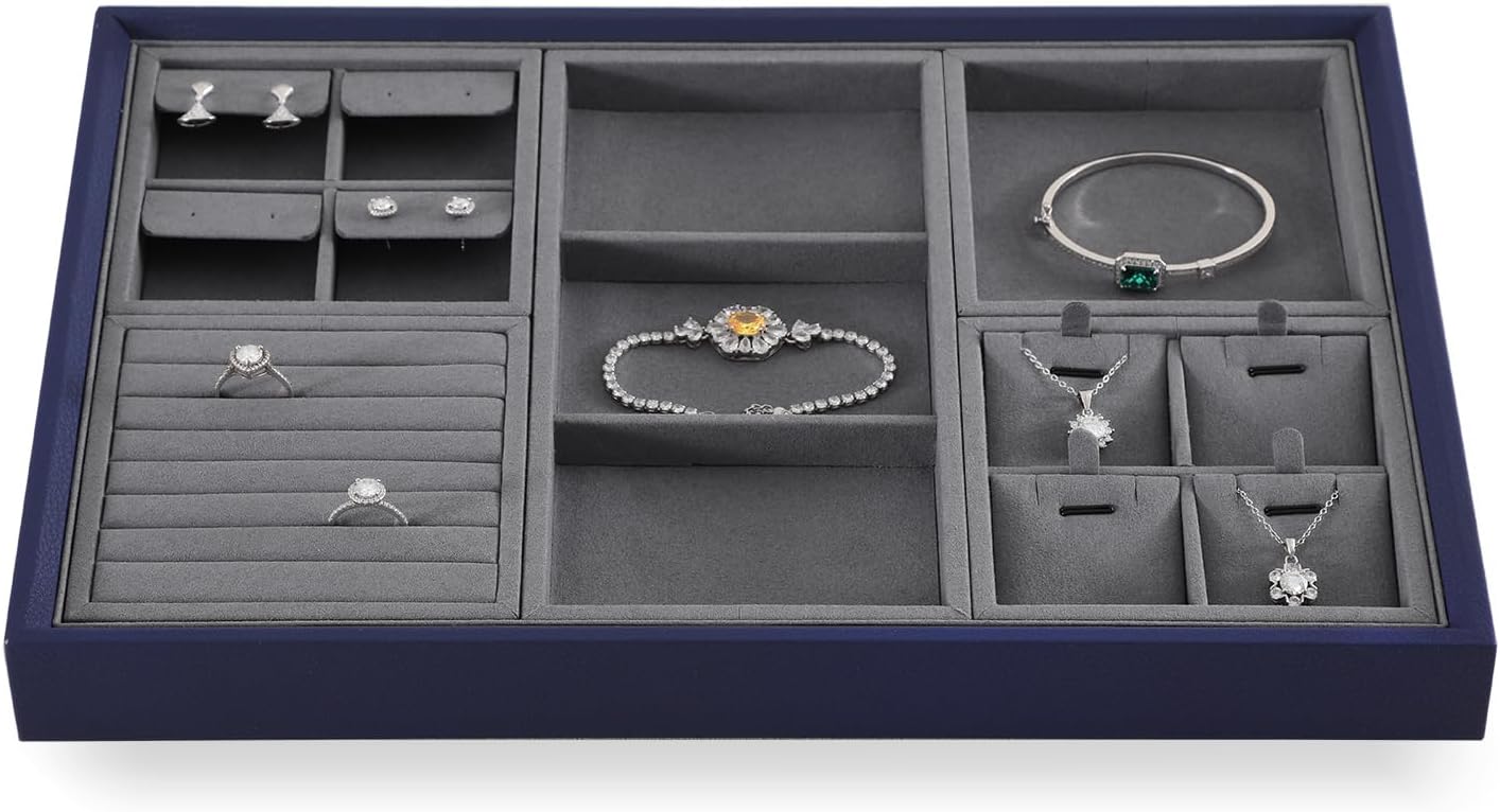 Dark Blue Jewelry Display Tray Ring Necklace Earring Bangle Organizer Multifunctional Storage Case for Jewelry Showcase (Small 4 Grids Pendant Tray)