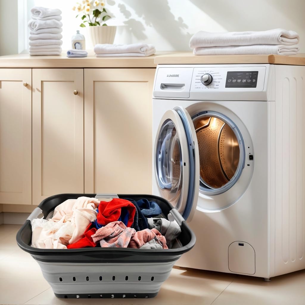 SAMMART 42L (11 gallon) Collapsible Plastic Laundry Basket - Foldable Pop Up Storage Container/Organizer - Portable Basket - Space Saving Hamper (Black/Alloy Grey (Set of 2))