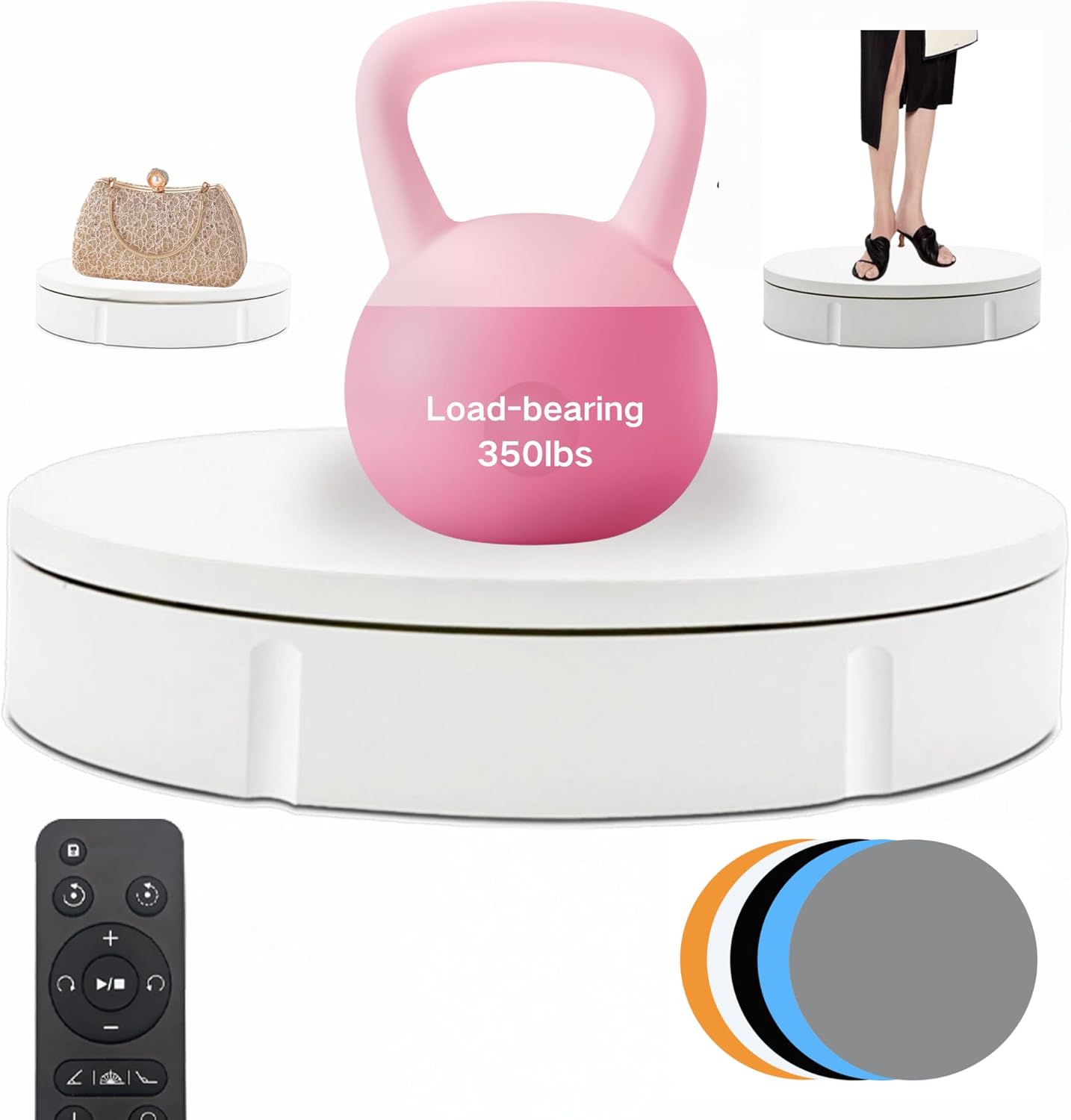 JAYEGT Motorized Rotating Display Stand, 350Lbs Load，360 Degree Electric Rotating Turntable for Photography Products Display，Live Show,Remote Control +5 Colors Backgrounds (White/11.8inch / Wired)