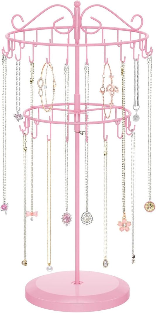 iDavosic.ly 2 Tier Rotating Necklace Holder Organizer with 42 Hooks, Adjustable Metal Bracelet Display Stand Rack, Extra Tall Keychain Spinning Tree Tower for Women, Pink