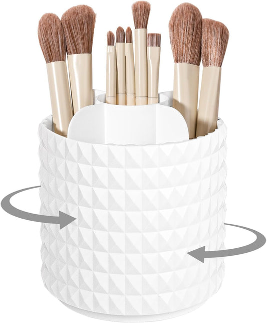 Anyoifax Makeup Brush Holder Organizer 360°Rotating Make Up Brushes Container for Vanity, Spinning Cosmetics Storage Cup, Masonite White
