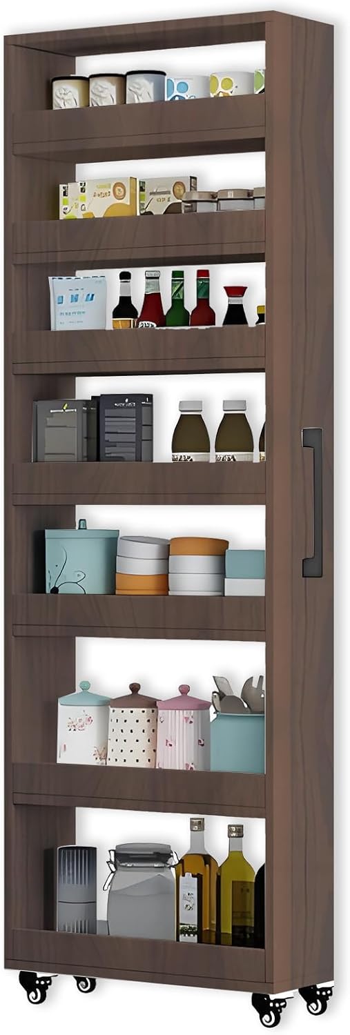 7-Tier Slim Storage Cart, Wooden Rolling Pantry Cabinet with Wheels, Narrow Shelf Organizer for Kitchen, Bakers Rack, Dining Room, Closet, Small Spaces Teak 73.2''H*9.8''W*19.6''D