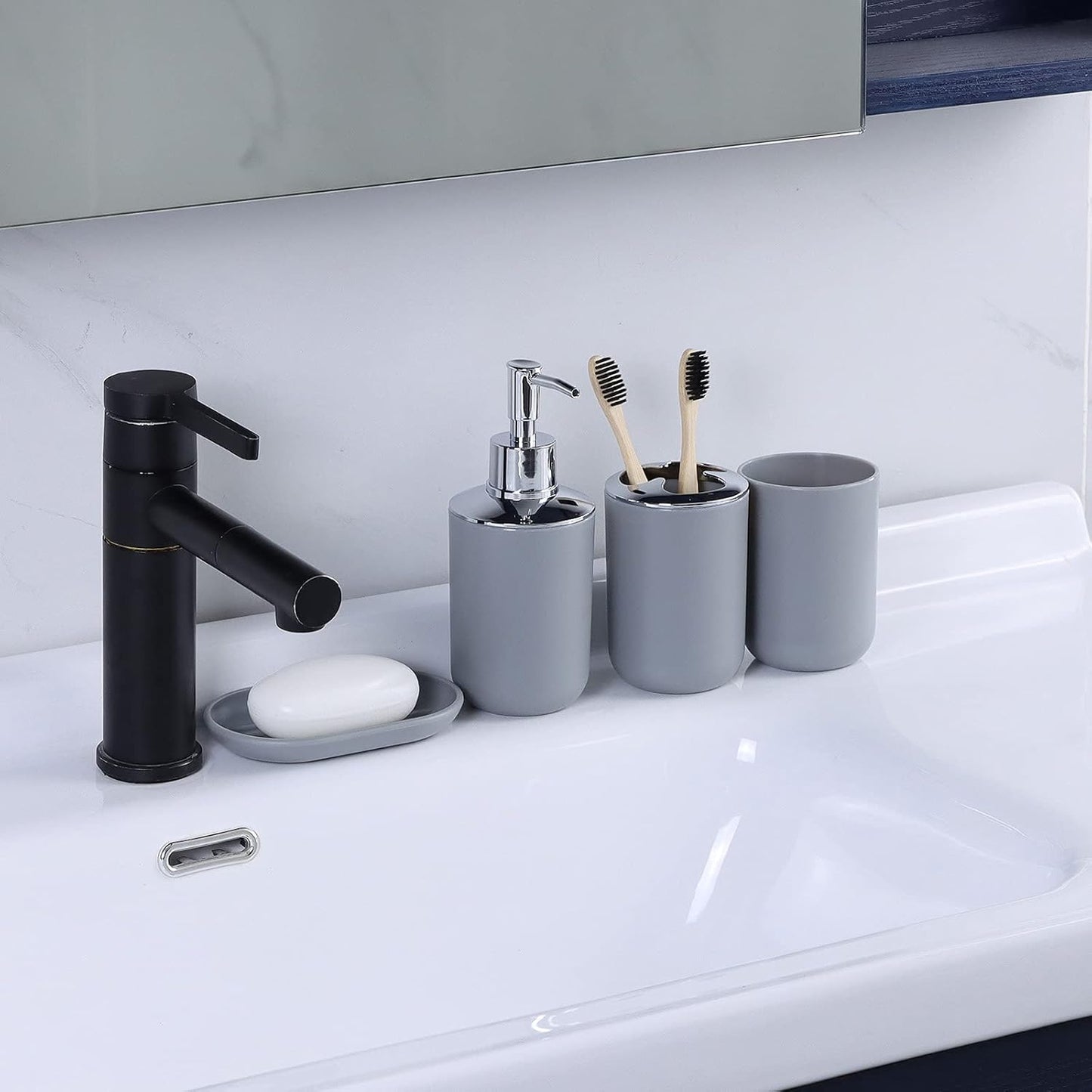 IMAVO Bathroom Accessories Set,Grey Bathroom Set,7 Pieces Bathroom Accessory Set,Tray,Toilet Brush,Trash Can for Bathroom Décor and Housewarming Gifts