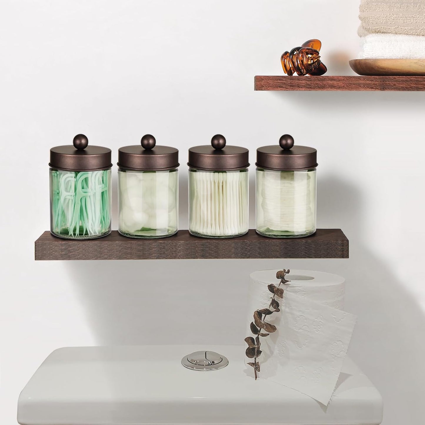 Amolliar Sage Green Apothecary Glass Jar With Metal Lid & Stickers, Bathroom Qtip Holder Storage Canister, Farmhouse Decor for Cotton Balls, Cotton Swabs, Makeup Pads, Bath Salt, Floss, Bronze 1 Pack