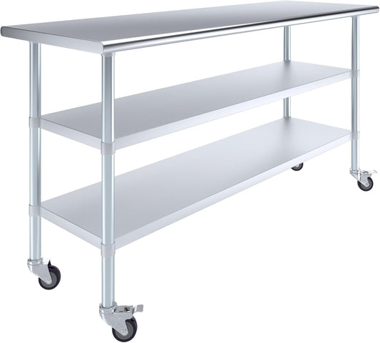 AmGood Stainless Steel Work Table with 2 Shelves and Casters | Metal Utility Table On Wheels (Stainless Steel Work Table with 2 Shelves + Casters, 72" Long x 24" Deep)