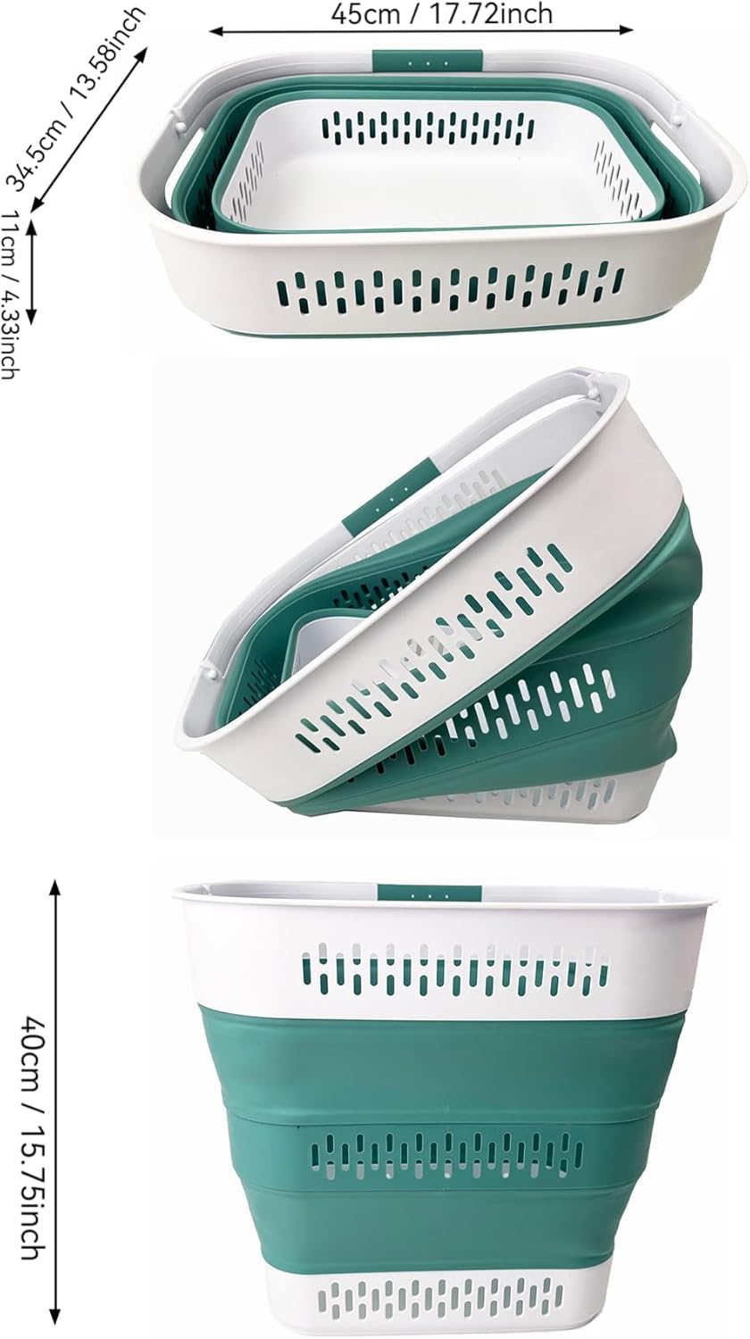 SAMMART 40L (10.5 Gallon) Collapsible Plastic Laundry Basket with Handles - Foldable Pop Up Storage Container/Organizer - Portable Laundry Hamper - Space Saving (2, White/Celadon Green)