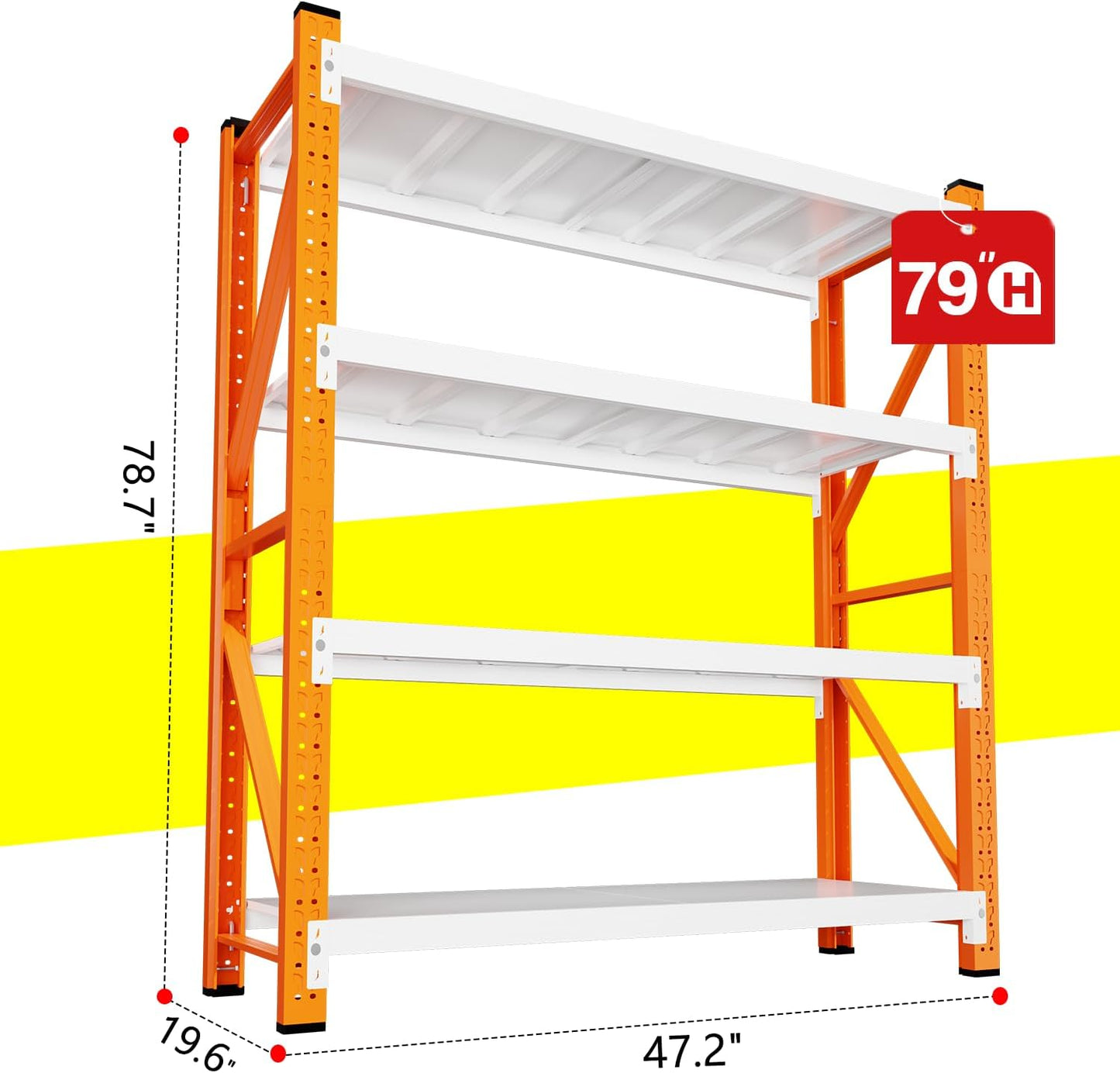 79" H Garage Shelving,3500LBS Heavy Duty Storage Rack,4 Tiers Metal Storage Rack Shelf, Adjustable Shelving Unit for Garage,Kitchen,Warehouse,Basement,78.7" H x 47.2" W x 19.6" D,Orange&White