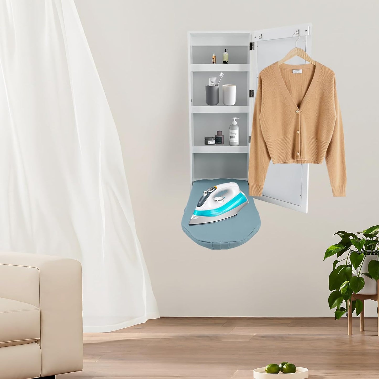 Wall Mounted Ironing Board Cabinet, Built-in Foldable Ironing Board, Wall Ironing Boards with Mirror and 2 Hooks for Home, Apartment & Small Spaces