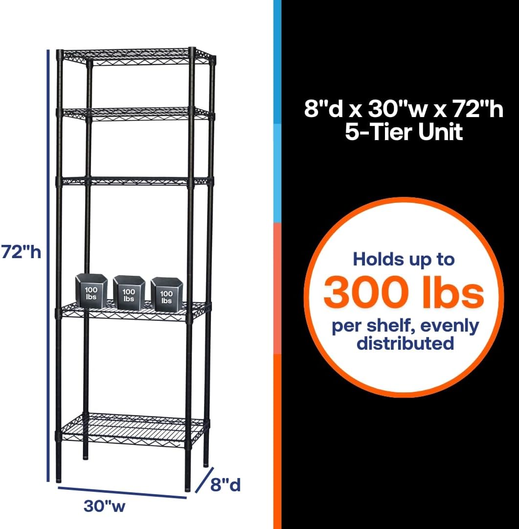 Shelving Inc. 8" d x 30" w x 72" h Black Wire Shelving with 5 Tier Shelves, Weight Capacity 300lbs Per Shelf