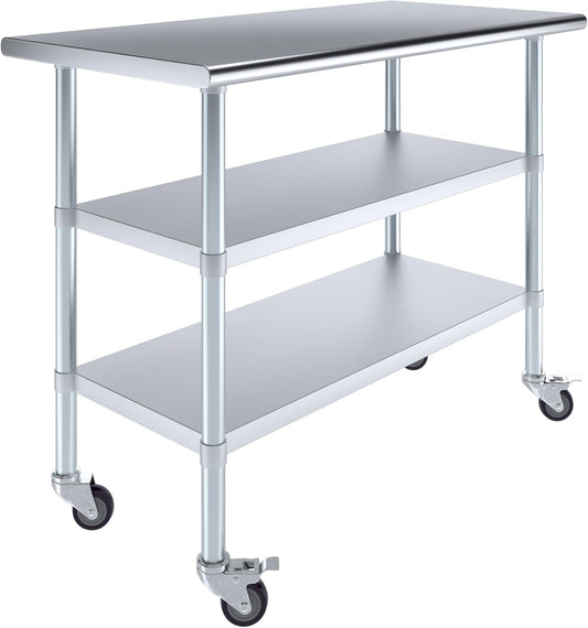 AmGood Stainless Steel Work Table with 2 Shelves and Casters | Metal Utility Table On Wheels (Stainless Steel Work Table with 2 Shelves + Casters, 48" Long x 24" Deep)