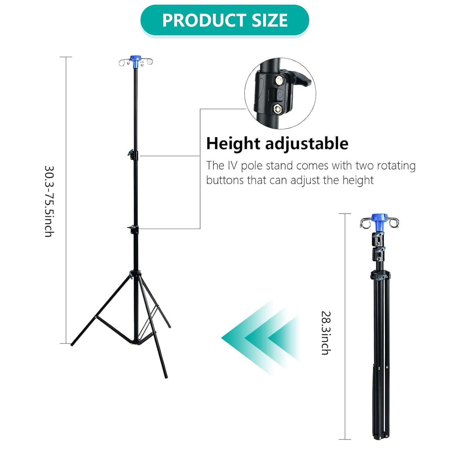 Lefeke IV Pole Portable for Traveling, Adjustable IV Stand with Hooks, Medical IV Drip Infusion Bag Holder, IV Fluids Floor Stand (Black)