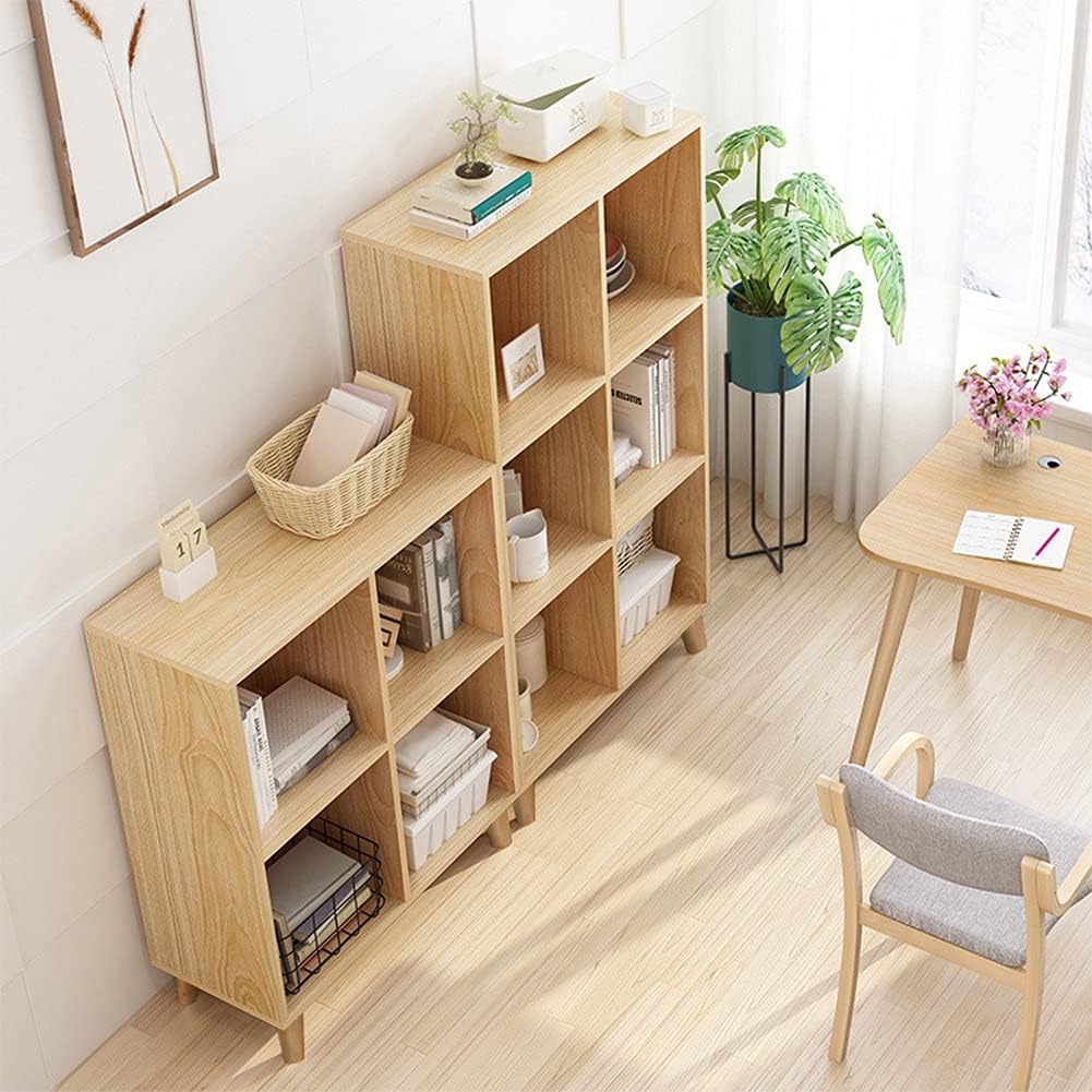 IOTXY Freestanding Open Cubes Bookcase - 2-Tier Floor Standing Wooden Storage Display Cabinet Organizer with Legs for Home Office, 4-Cubes Open Shelf Low Short Bookshelf, Oak