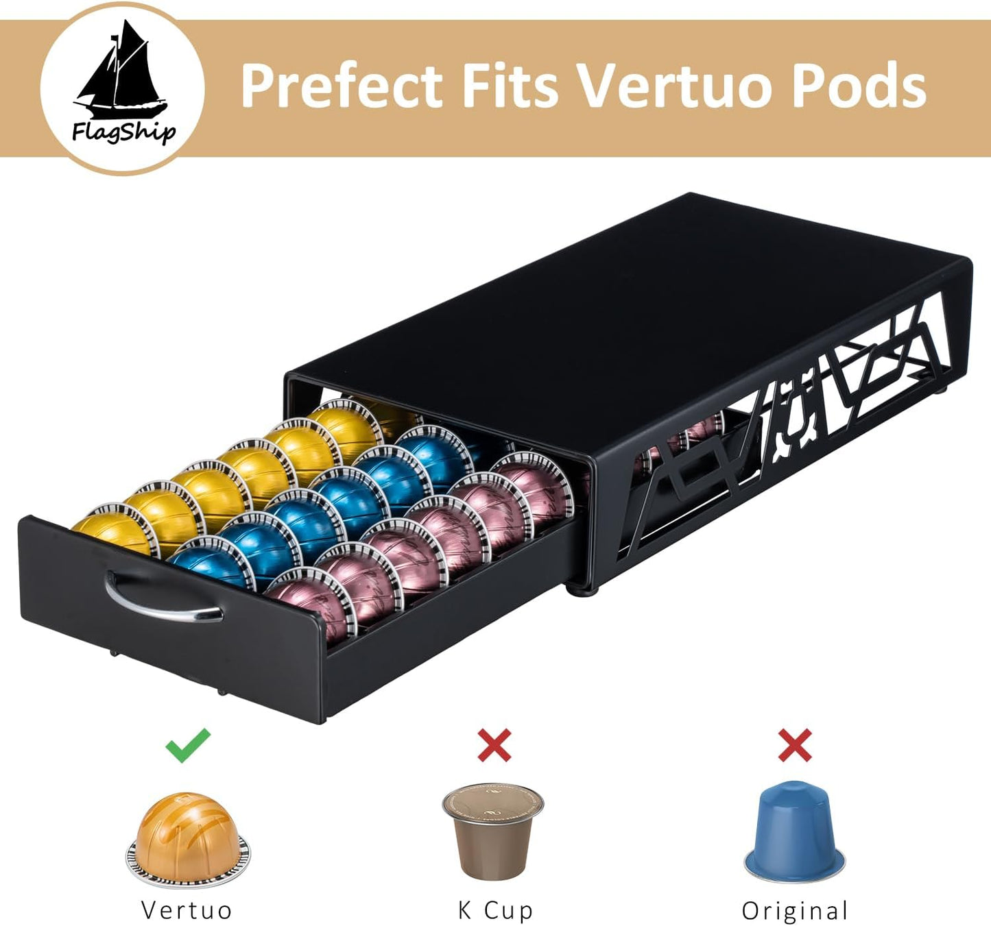 FlagShip Vertuo Pod Drawer Modern Black Metal Coffee Capsule Organizer & Space-Saving for Nespresso Pod Holder Coffee Machine Stand(30 Vertuo Pods Capacity)
