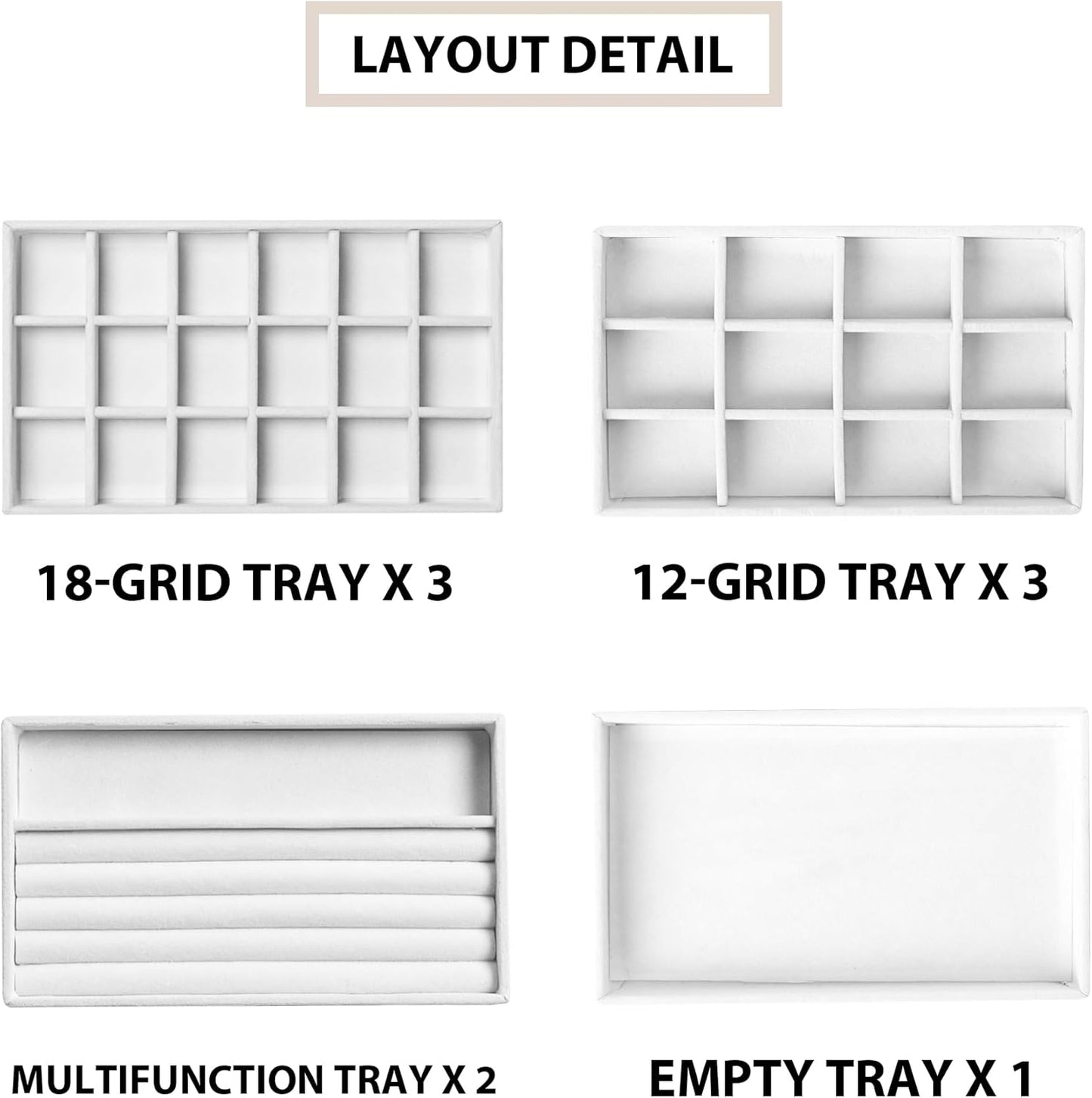 Frebeauty Jewelry Organizer Tray,Stackable Velvet Jewelry Trays,Drawer Inserts Earring Organizer For Women Jewelry Storage Display Case for Rings Stud Necklaces,8.3 x 4.9 x 1 Inches (White)