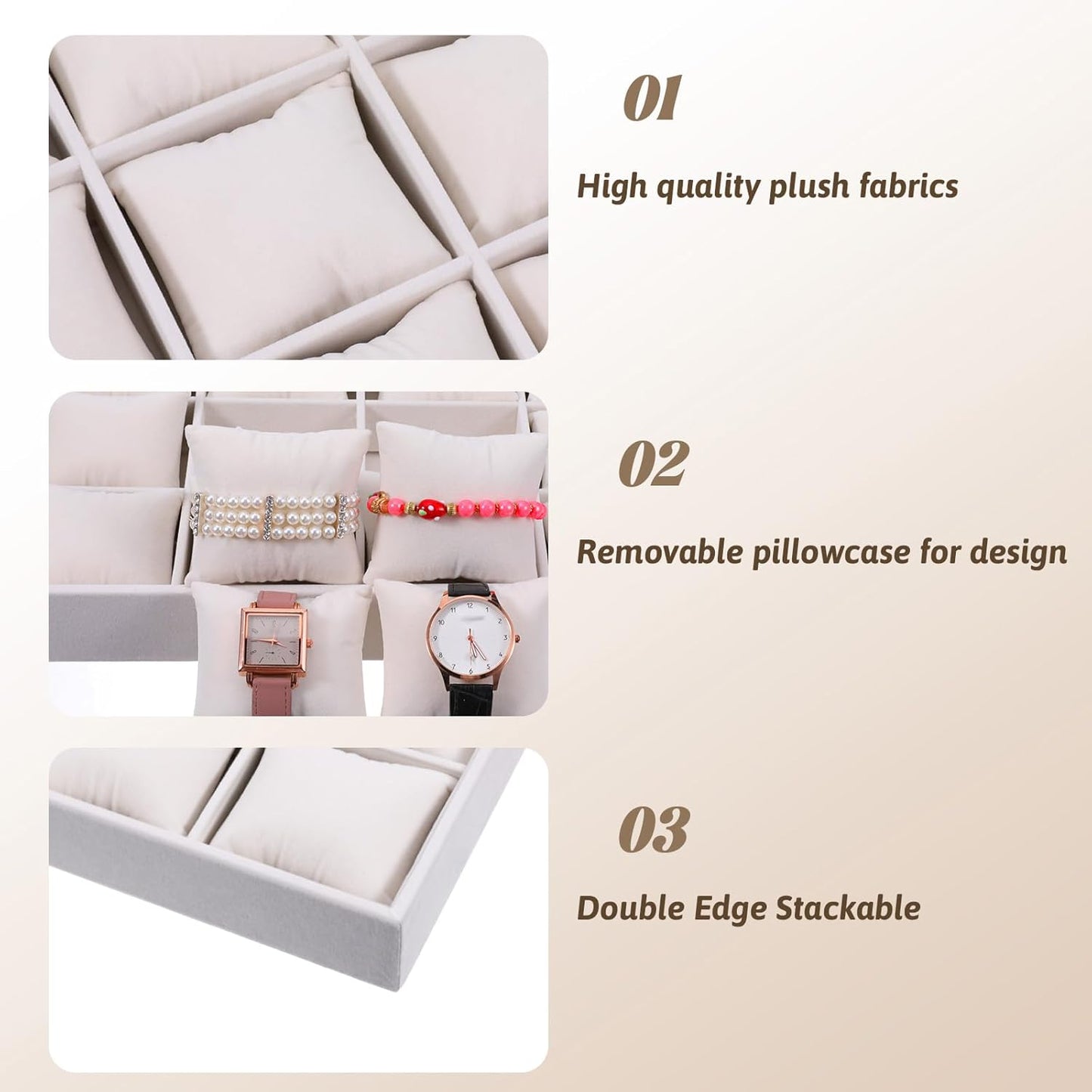 2 Pcs Velvet Watch Tray, 12 Grid Jewelry Organizer Stackable Tray Watch Bracelet Bangle Display Holder with Adjustable Pillows for Woman Man (Beige)