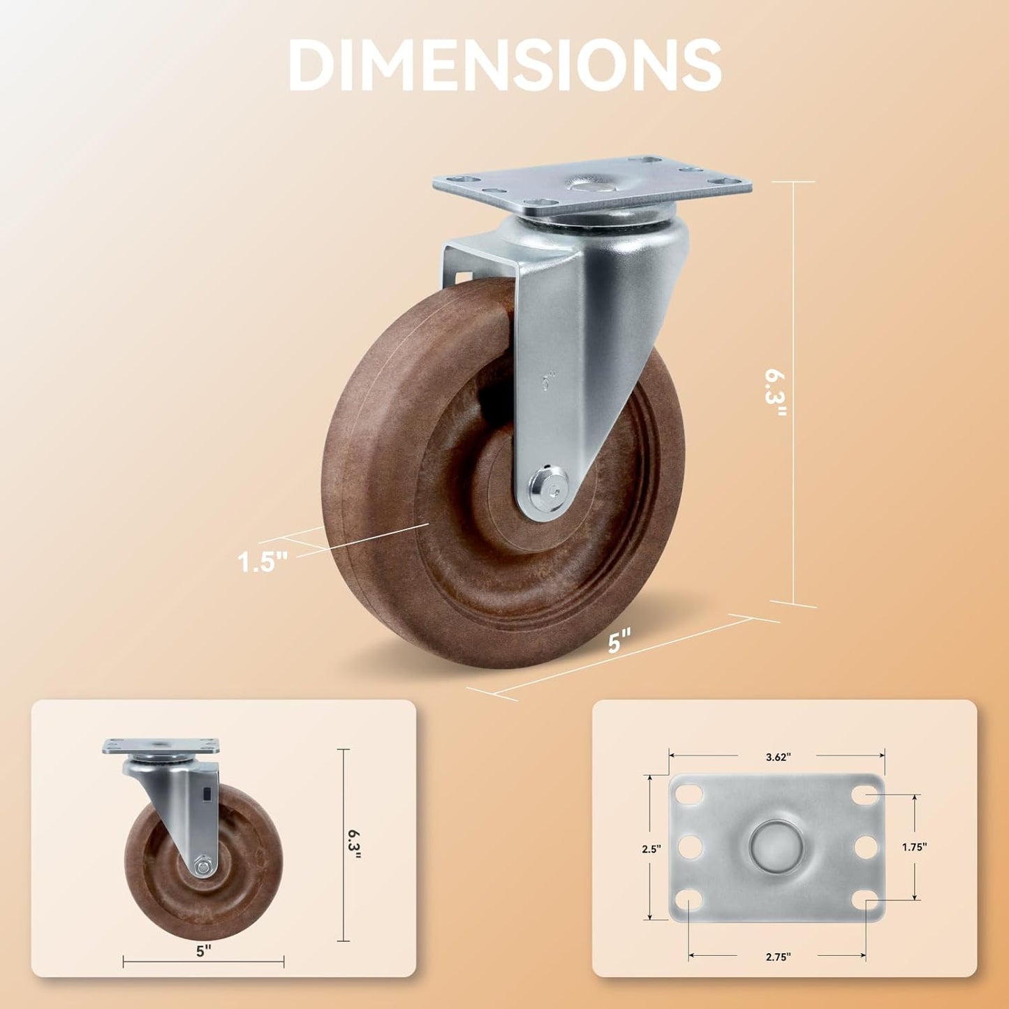 5" Hi-Temp Glass FiIled Nylon Casters, Heavy Duty Casters Set of 4, Industrial Caster Wheels for Commercial Kitchen, Bakery - 2800 lbs Capacity(2 Swivel & 2 Rigid)