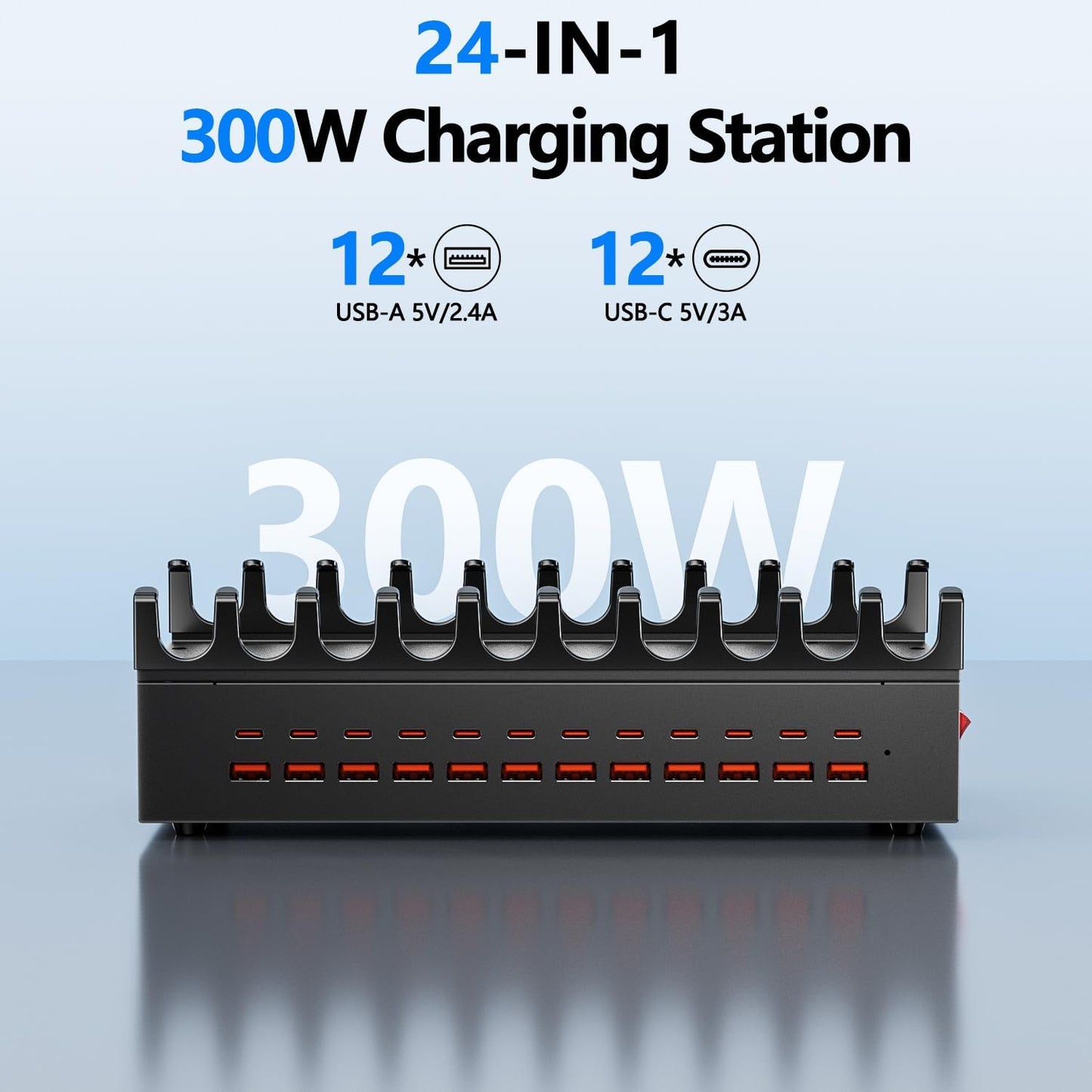300W Charging Station with 24 Ports,USB Fast Charger for Multiple Devices,Multi Charger Station Organizer Compatible with Smart Power Delivery,Phone,Tablet,Charging Station for Home,Office,School