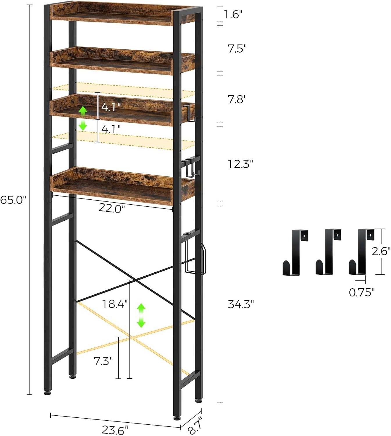Rolanstar Over The Toilet Storage Rack, 3-Tier Bathroom Space Saver with Adjustable Shelves, Bathroom Organizer for Bathroom, Washroom, Rustic Brown