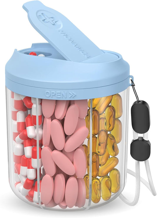 Pill Dispenser with 7 Large Compartments, 4.4" H x 3.6" Dia Pill Bottle Organizer for Travel, Supplement Organizer with Anti-Mixing Design, BPA-Free Pill Container with 20 Pcs Labels, Blue