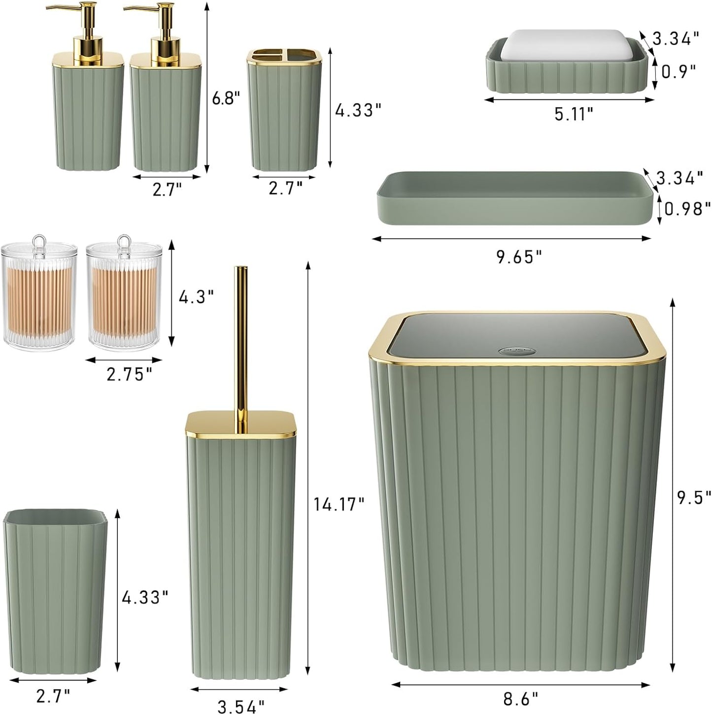 Bathroom Accessories Set - Gorgeous Bathroom Set, 10PC Sage Green Bathroom Accessory Set, Toilet Brush, Trash Can & Soap Dispenser