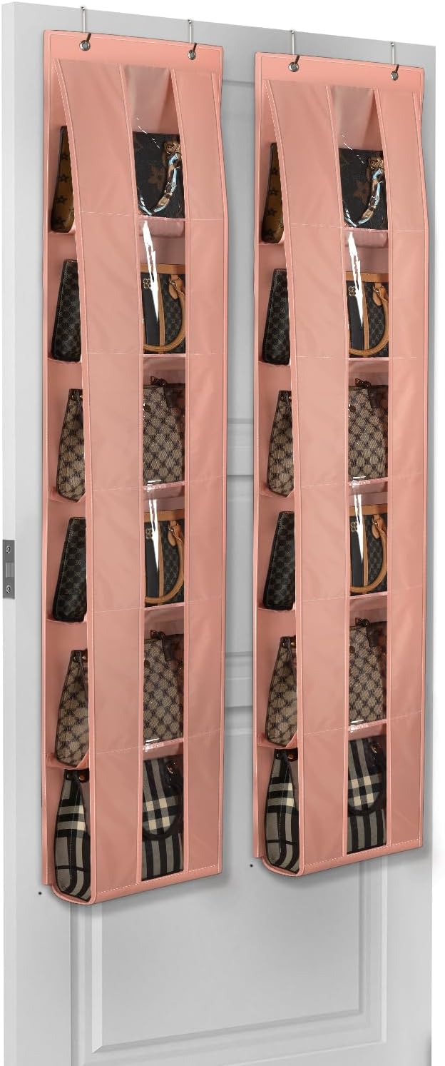 Lirex Over The Door Organizer, 2 Pack Handbag Storage with 6-Tier Space-Saving for Door or Closet, Handbag Hanger, Light Pink