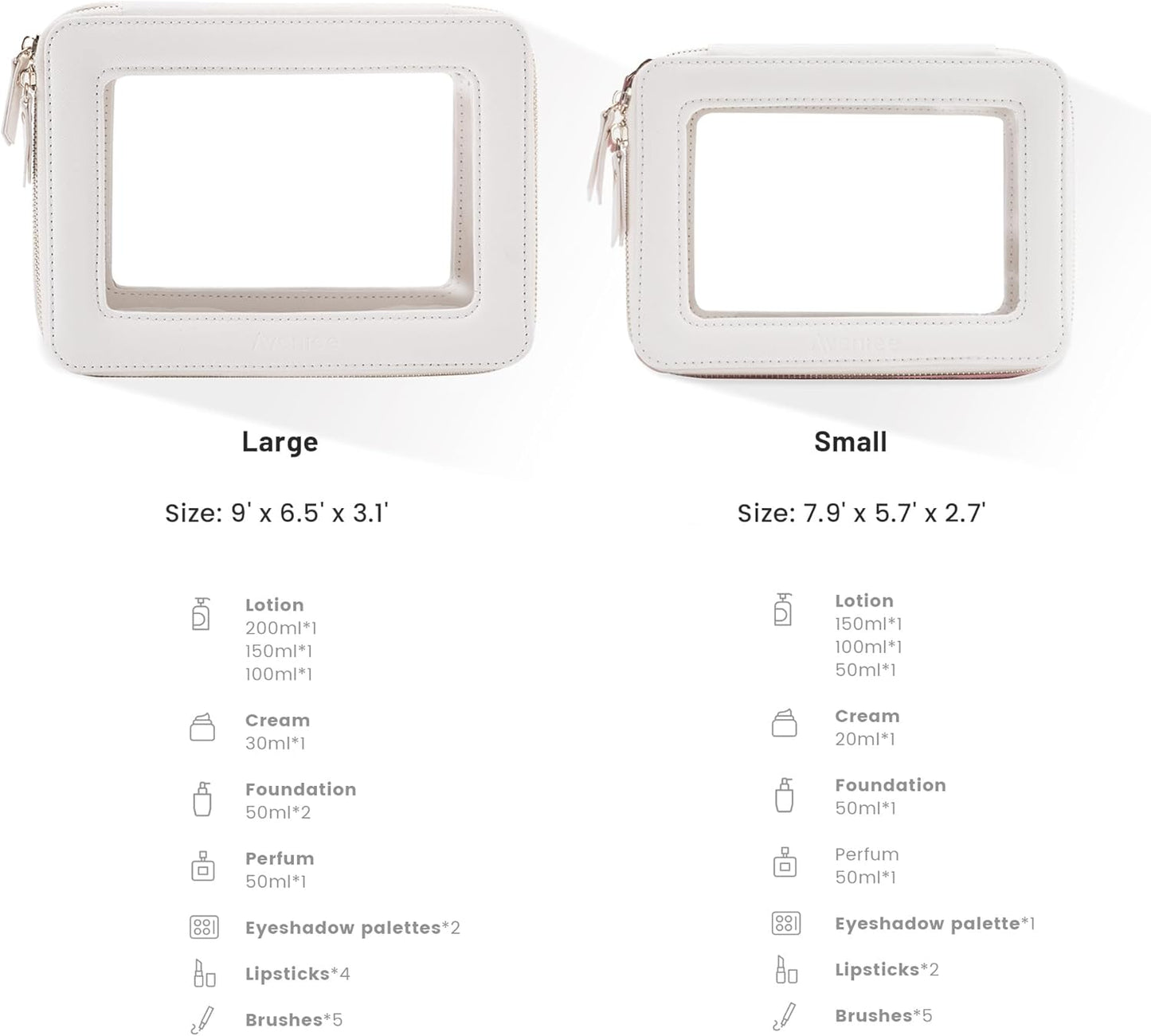 Aveniee Clear Makeup Bag Organizer Set,Portable Travel Toiletry Case for Women, Vegan Leather Cosmetic Pouch Car Bag for Essentials 2pcs,Middle & Large,Beige