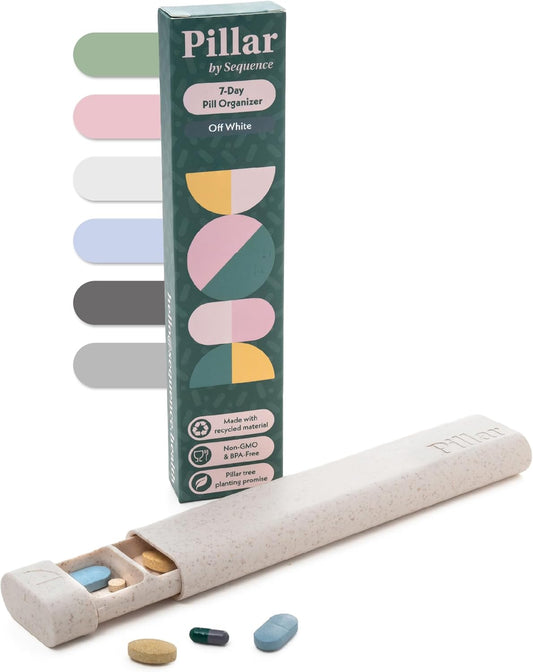 Pillar - 7 Day Pill Box Organiser | BPA-Free Wheat Straw Pill Organiser | Beautiful Tablet Organiser for Travel and Home (Off White)
