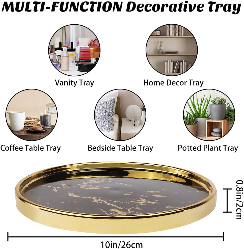 Black Vanity Tray Round Bathroom Decorative Tray for Dresser Countertop Organizer Cosmetics Round Marble Tray for Perfume,Bottles and Accessories