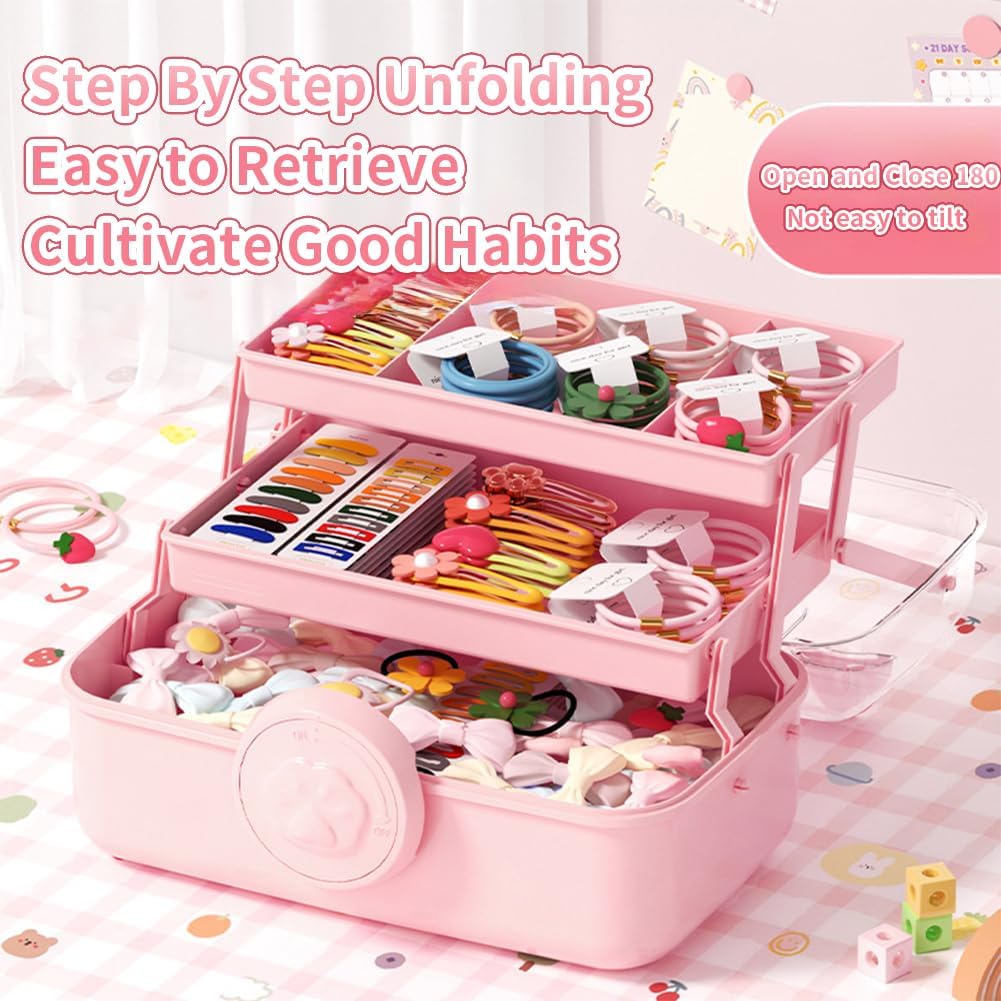 Bow Knot Hair Accessories Organizer Box - Cute Dust Proof Childrens Jewelry Storage Box, 3 Layers Plastic Storage Box for Clips, Headbands, Bands, Jewelry, etc