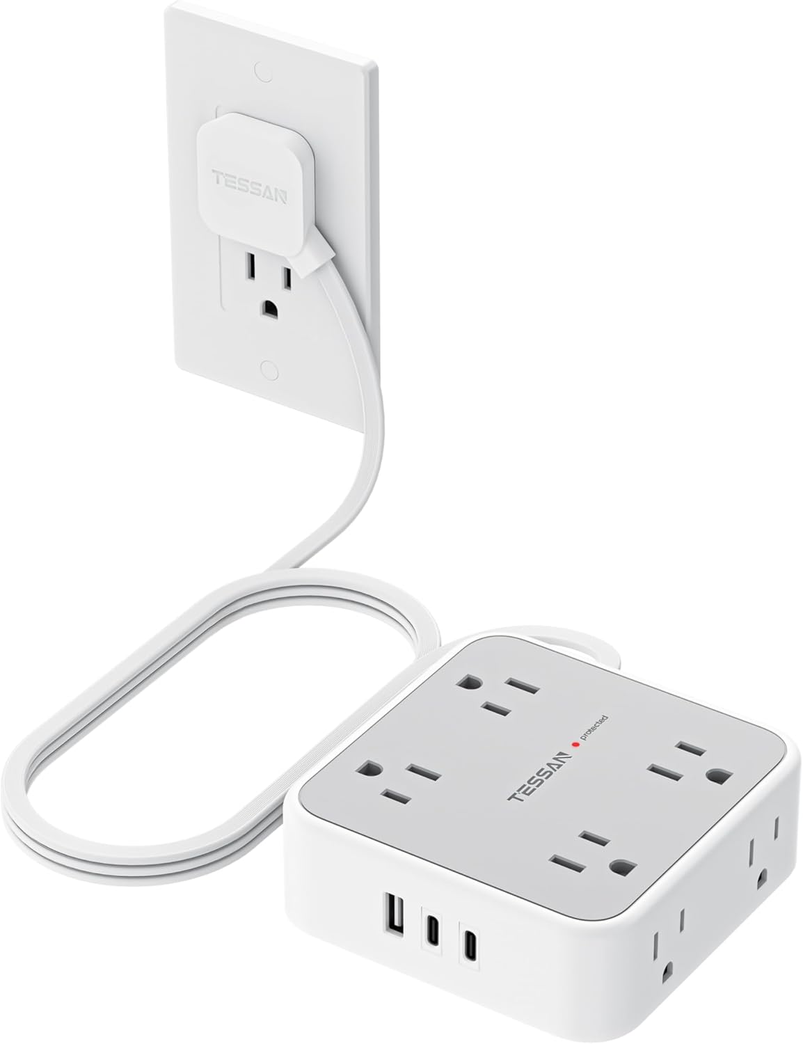 Surge Protector Power Strip, TESSAN Flat Plug Extension Cord with Multiple Outlets, 8 AC Outlets, 3 USB Ports(2 USB C), 5 Ft, 900 Joules Protection, 3-Sided Charging Station for Home Office Dorm Room