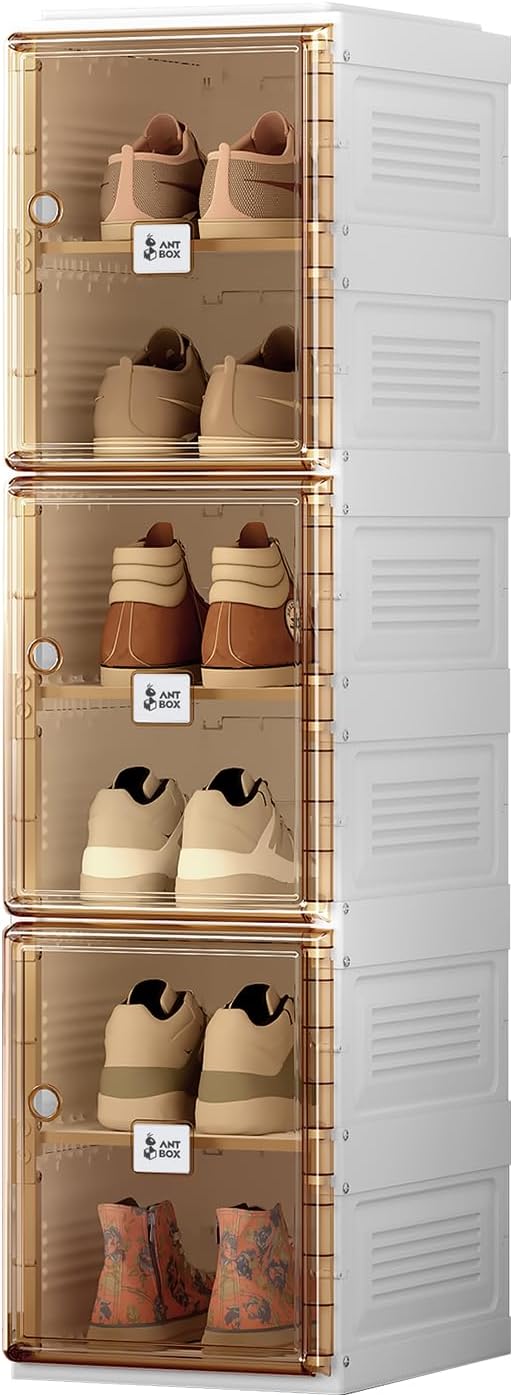 ANTBOX Shoe Organizer Storage Box, Portable Folding Shoe Rack for Closet with Magnetic Clear Door,Large Sneaker Cabinet Bins Sturdy Easy Assembly 6 Layers-6 Grids