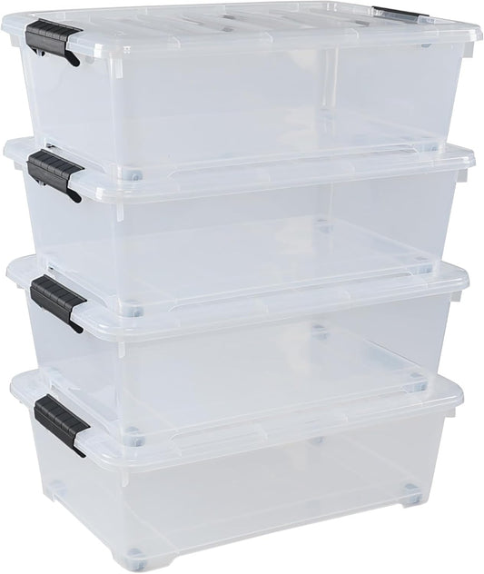 Xyskin 4 Packs 20 Quart Plastic Under Bed Storage Box, Clear Stackable Container Bins for Clothes, Blankets, Winter Clothing, & Shoes