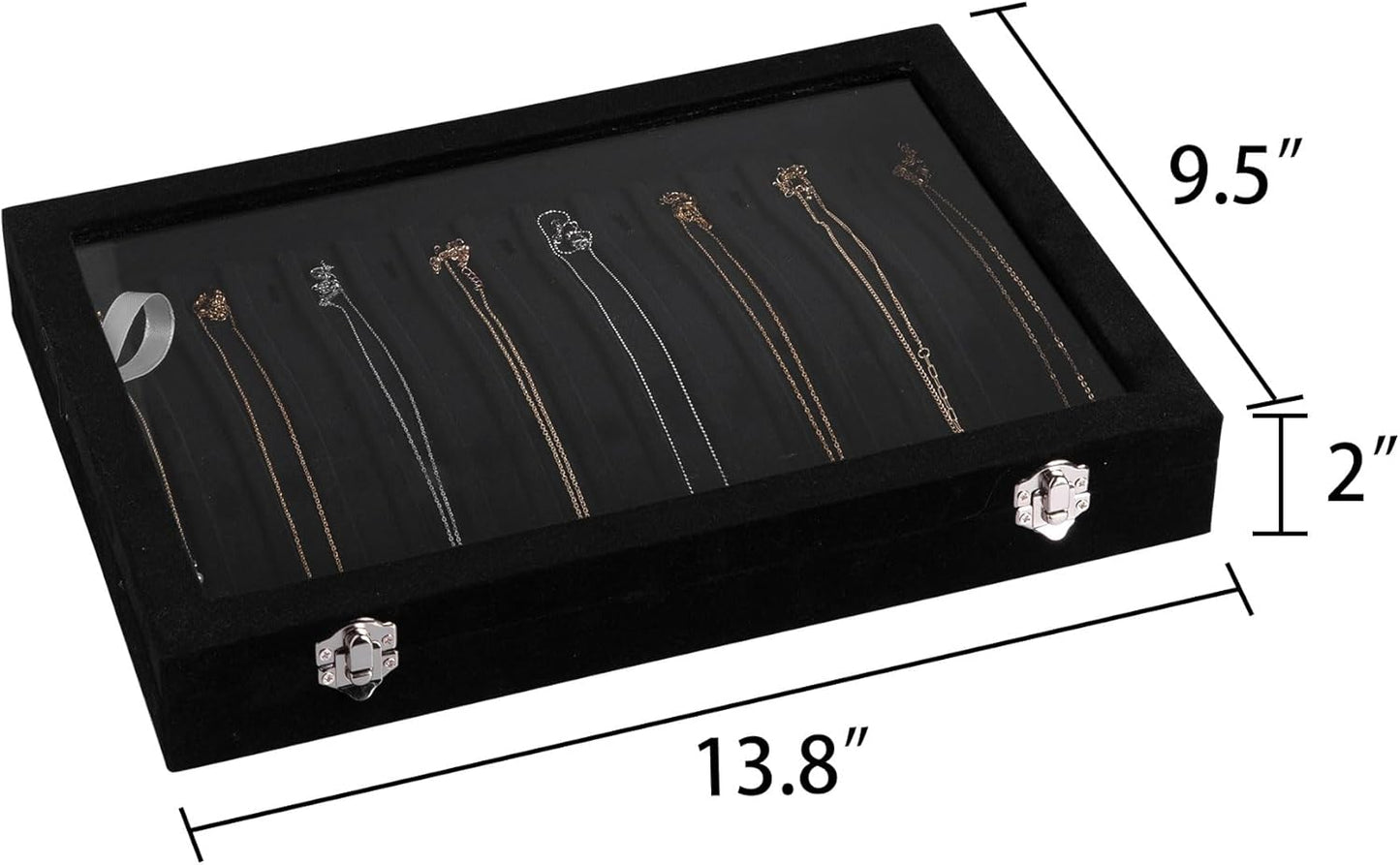 Frebeauty 15 Hooks Necklace Tray Velvet Neckalce Organizer with Clear Lid Lockable Necklace Holder Box Jewelry Organizer for Pendants Chains Necklace Jeweley Tray for Women Girls(Black)