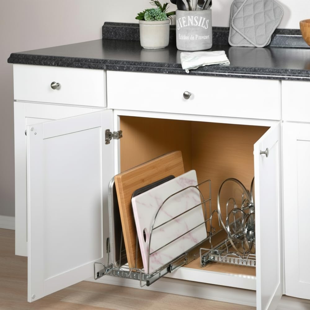 HOLDN’ STORAGE Pull Out Organizer for Bakeware, Cutting Board and Trays, Adjustable Dividers - Heavy Duty, Lifetime Limited Warranty - For Narrow Cabinet Spaces, 12.5”W x 21”D x 11”H, Chrome