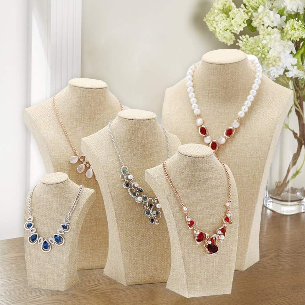 Beige Linen Necklace Display Bust - 13.7" Jewelry Holder for Necklaces, Bracelets, Figure Display Stand (35x20cm)