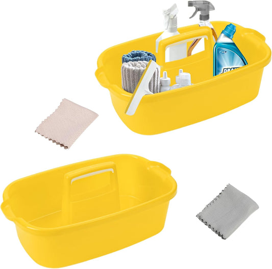 Cleaning Supplies Caddy Organizer with Handle Plastic Tool Storage Basket for Bathroom, Kitchen, Under Sink,2 Pack with 2Pack Microfiber Cleaning Cloths, Yellow