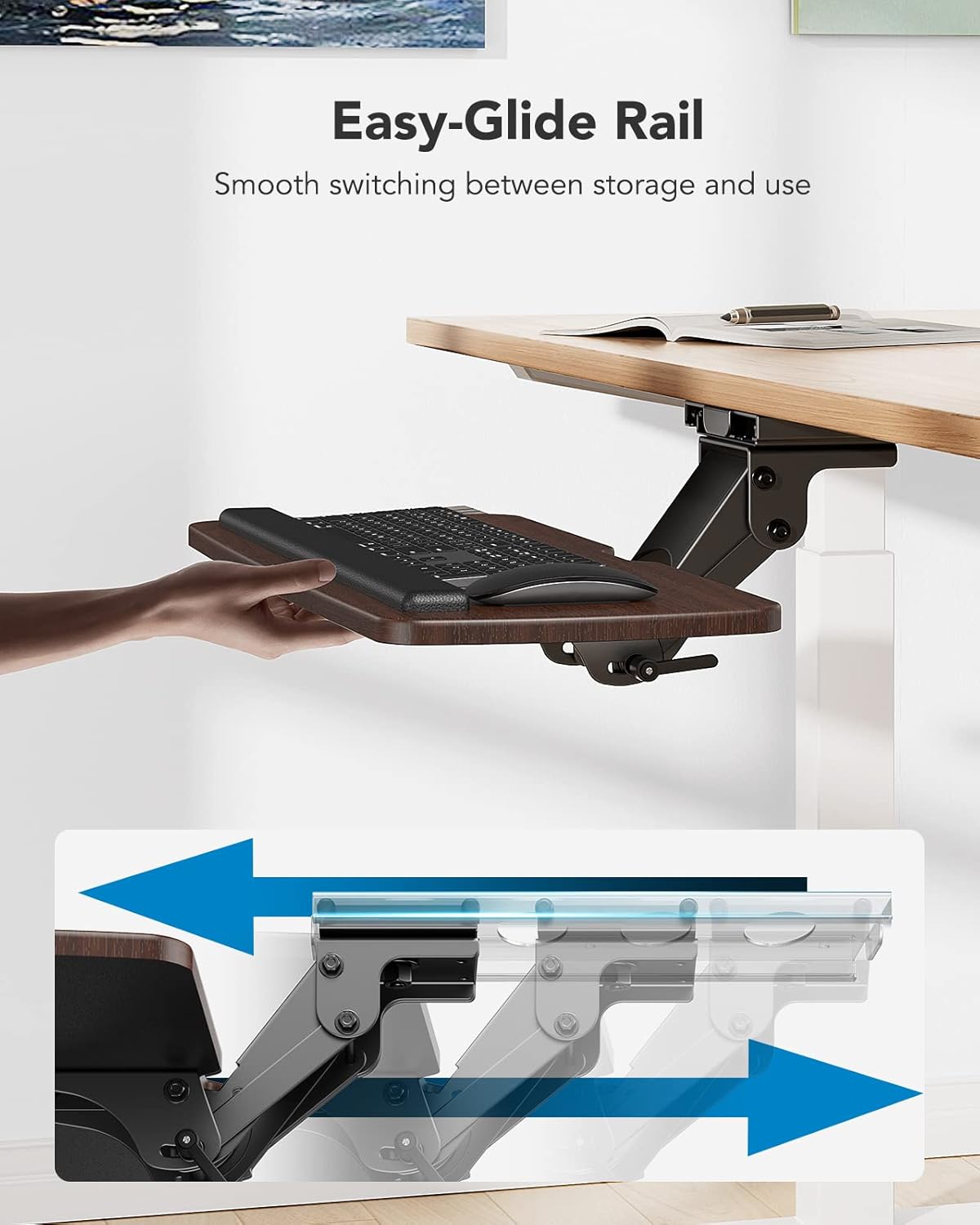 HUANUO Keyboard Tray Under Desk，360 Adjustable Ergonomic Sliding Keyboard & Mouse Tray, 25" W x 9.8" D, Brown
