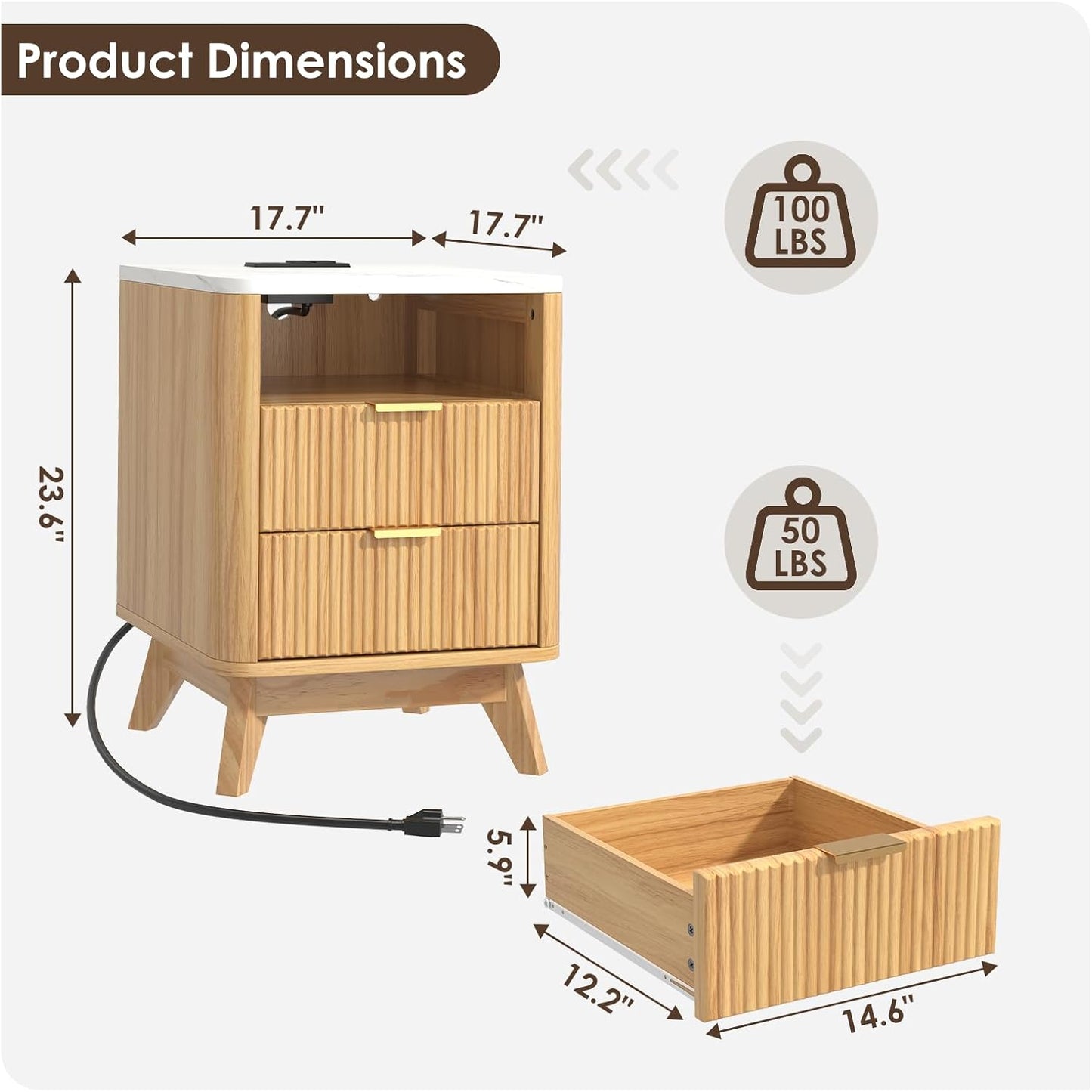 Nightstand with Charging Station, Fluted Nightstand with LED Lights, Modern Rustic Side Table with 2 Storage Drawers, Wooden End Table for Bedroom, Natural Oak