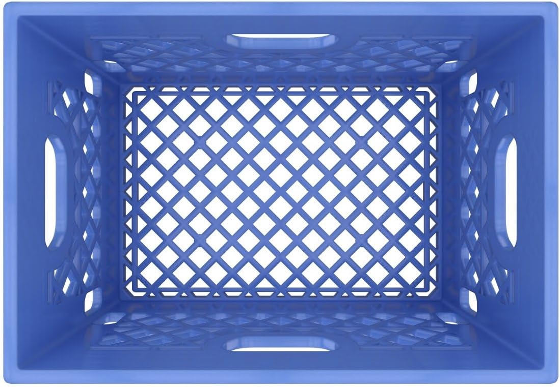 Heavy Duty Plastic Storage Milk Crates, Stackable Utility Organizer Bins, 19x11x13 Inches, 6 Pack, Made in USA, 24 Qt/6 Gallon Capacity (Blue)