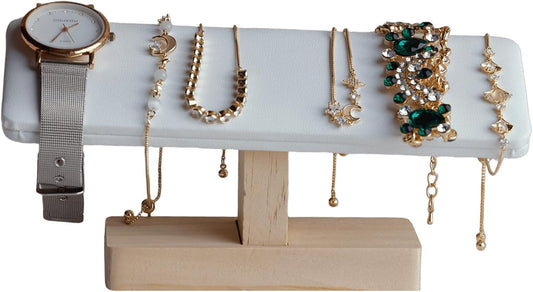 Wooden Watches Display tower Base Watch Necklace Bracelet Organizer Rack Bangle Scrunchie Headband Showcase tower (White PU, Flat single-layer)
