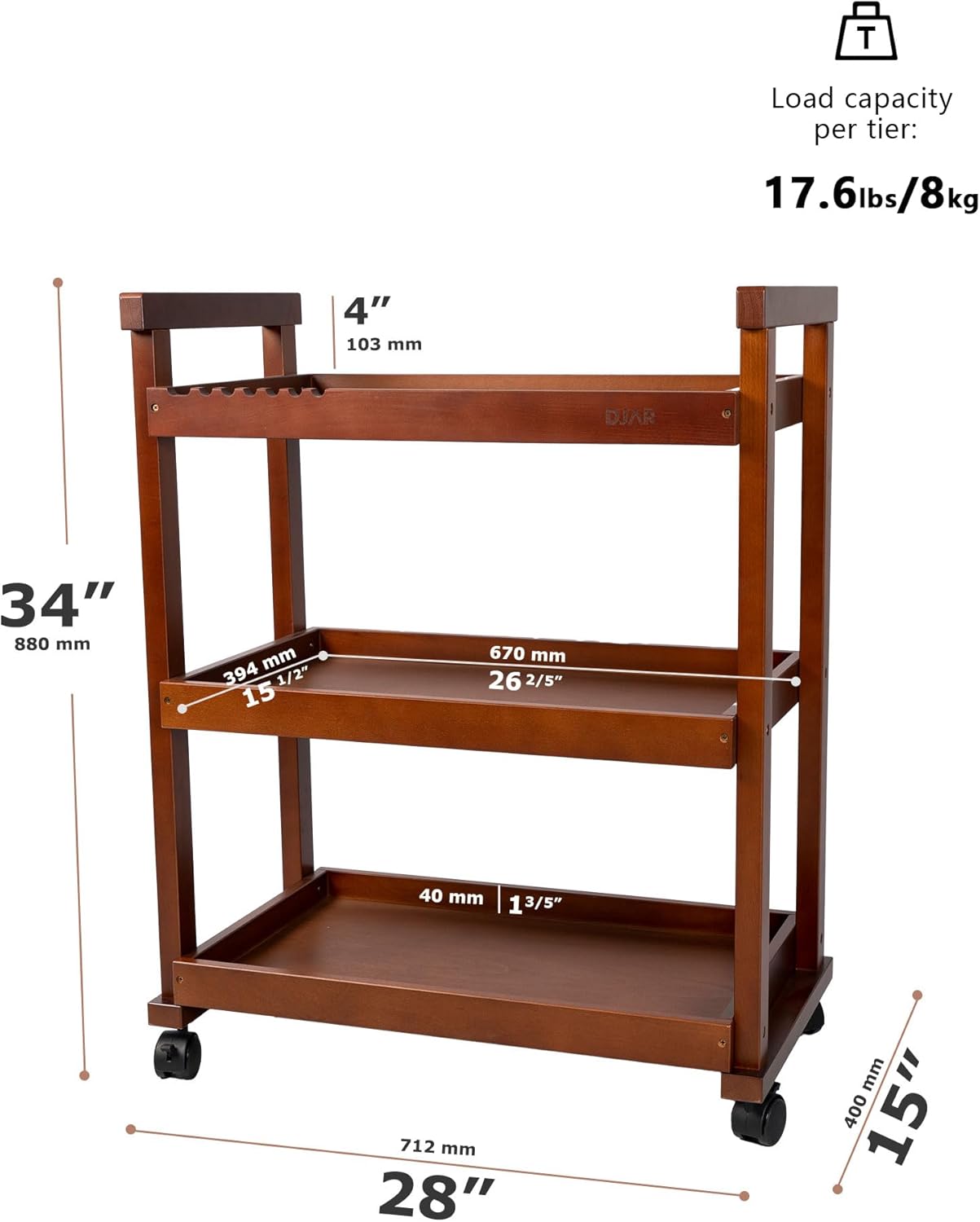DJAR Rolling Art Supplies Cart, Solid Beech Wood Art Supply Organizert with Caster Wheels, Utility Cart for Adults, Artists, (Walnut, Upgrade)
